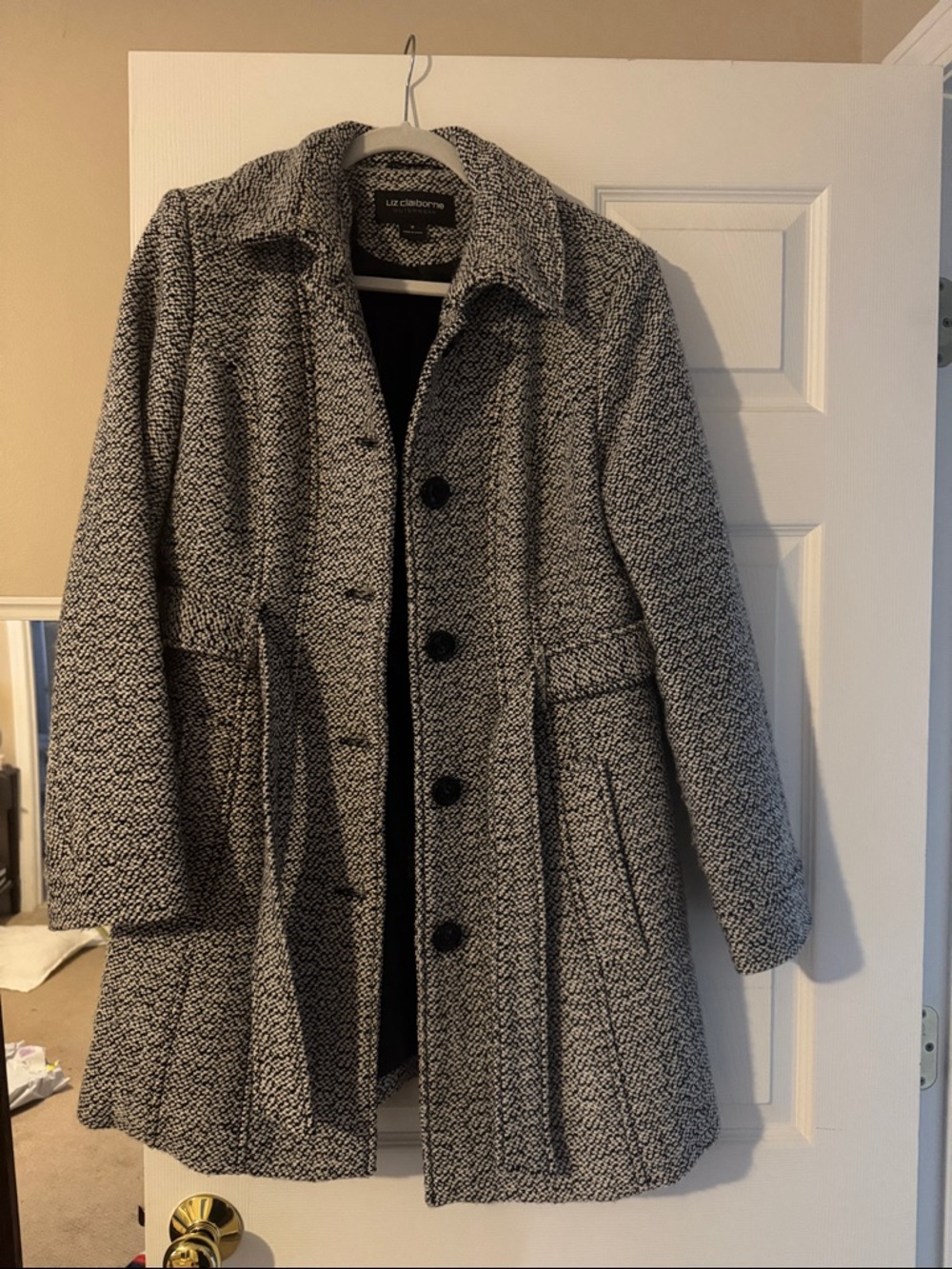 Liz Claiborne Black and White Textured Wool-Blend Coat